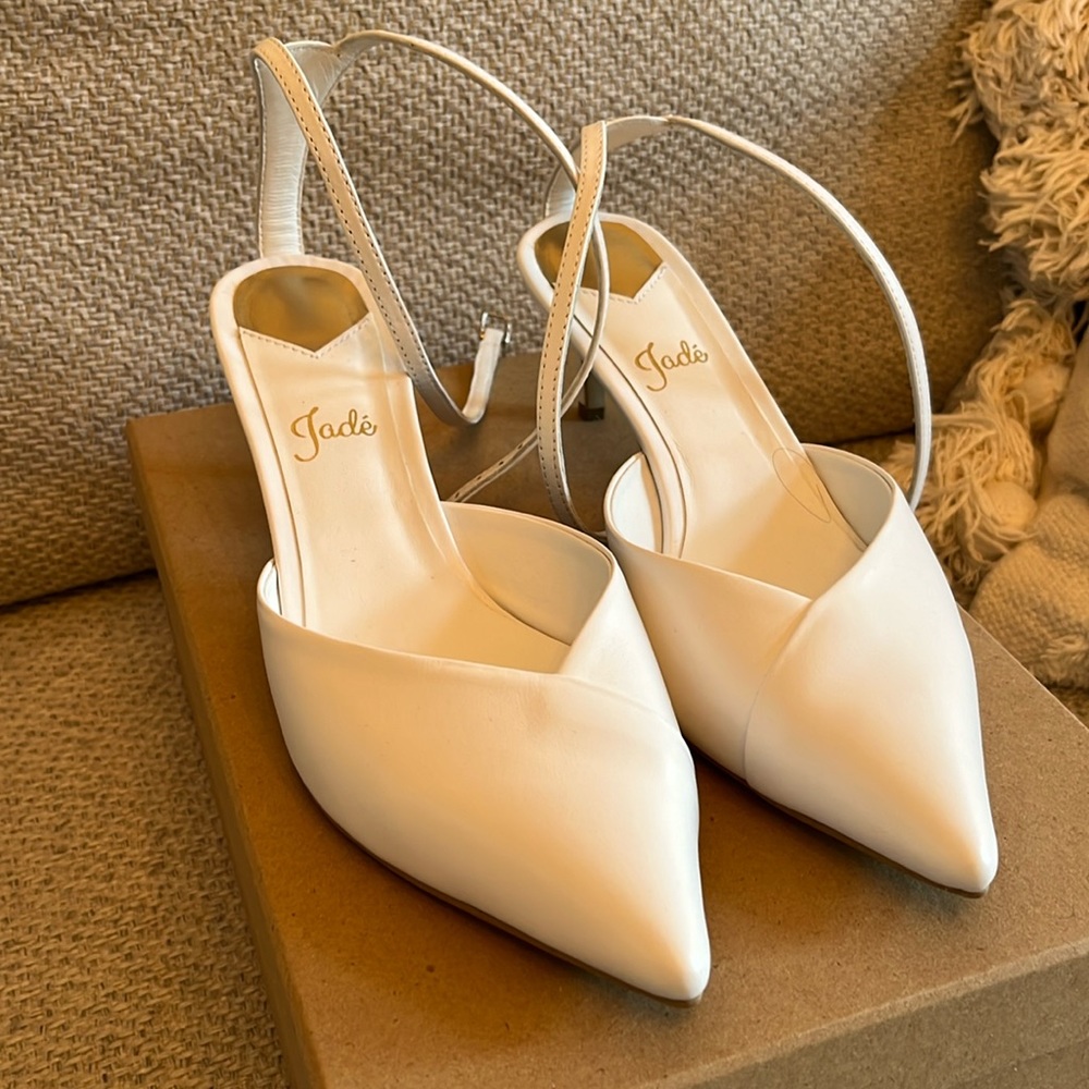 White leather kitten heels